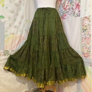 NWT Silk Boho Full Long Gypsy Skirt Green Gold